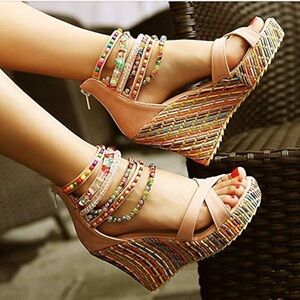 Multicolor Beaded Wedge Sandals with Tan Straps